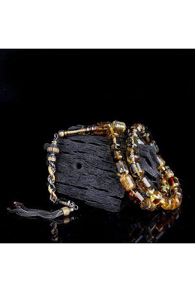 Tesbihsepetim Silver Tasseled Double Color Fossil Drop Amber Prayer Beads - Capsule Cut