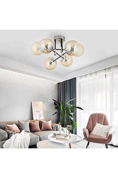 Apliqa Maral 6Lı Siyah Krom Bal Camlı Modern Genç Odası Yatak Odası Retro Salon Avize