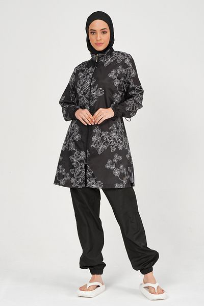 ALFASA Full Covered Embroidery Patterned Women's Hijab Swimsuit - 24235 Black