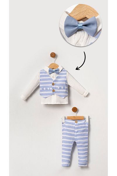 Bubito Blue 4-Piece Muslin Bow Tie Vest Set for Baby Boy and Child