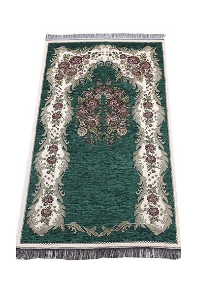 İhvan سجادة صلاة فاخرة من الشنيل باللون الأخضر الداكن - 0260