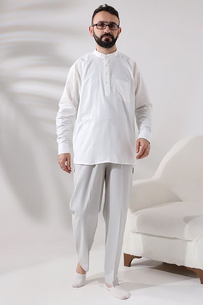 ihvanonline Men's Gray Side Pocket Relaxed Cut Elastic Waist Cargo Hajj and Umrah Shalwar Trousers
