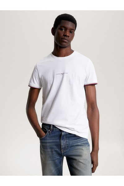 Tommy Hilfiger Men's Brand Logo Cotton Suitable for Daily Use White T-shirt Mw0mw32584-ybr
