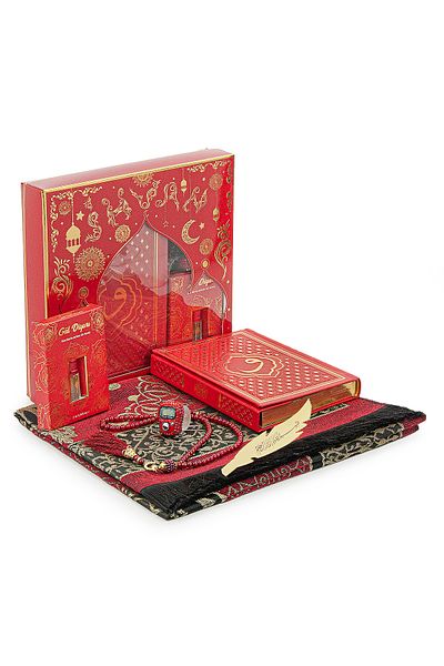 ihvanonline Red Vav Patterned Thermo Leather Arabic Quran and Prayer Rug Set