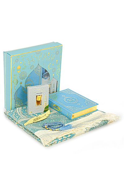 ihvanonline Quran with English Meal and Medina Line and Prayer Rug Set Blue