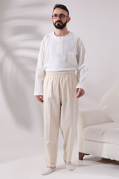 ihvanonline Linen Shalwar Trousers - Men's, Relaxed Fit, Elastic Waist, Hajj and Umrah Cream