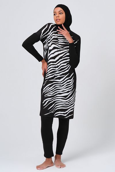 ihvanonline Zebra Patterned Black Women's Hijab Swimsuit - Full Covered, Alfasa 23691