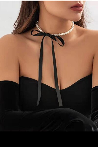 SmY Bag Tasarım Incili Siyah Kurdeleli Kolye Choker Vıntage