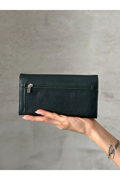 DERKON Portofel de damă din piele naturală verde cu o mulțime de ochiuri