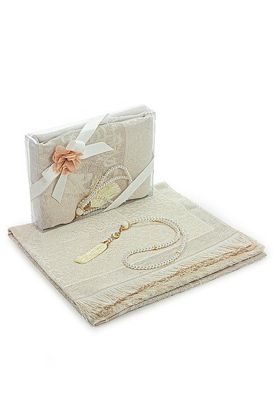 ihvanonline Dowry Prayer Rug Set with Gift Box and Pearl Prayer Beads Suitable for Bride and Groom Bundle Cream