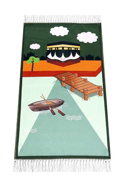 ihvanonline Digital Printed Children's Prayer Rug - Green Color with Kayaklı Kabeli - 44 X 78 Cm