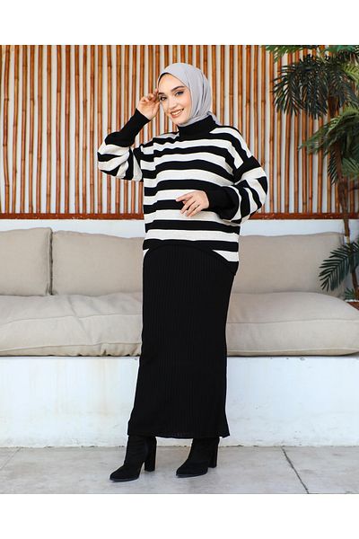 VİTA FASHİON VM109 Model Striped Gilet Knitwear Dress Set