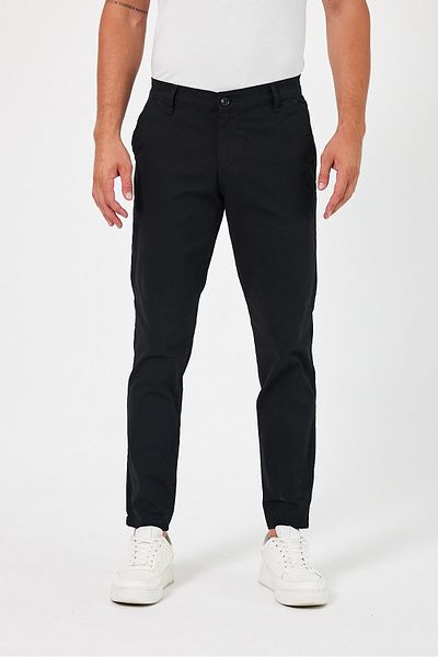 TheSeason Men's Black Gabardine Cotton Slim Fit Stretch Chino Trousers