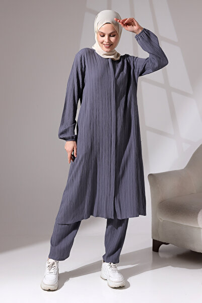 ihvan online Kadın Bürümcük Kumaş Gizli Fermuarlı İkili Takım Hac Umre Kıyafeti Füme