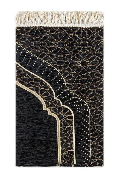 ihvanonline Mihrab Patterned Lined Chenille Prayer Rug - Black