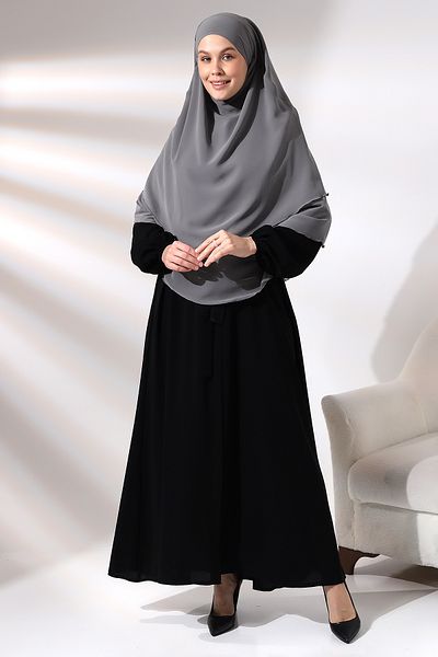ihvanonline Gray Three Layer with Veil Short Chiffon Hijab Souffle Scarf