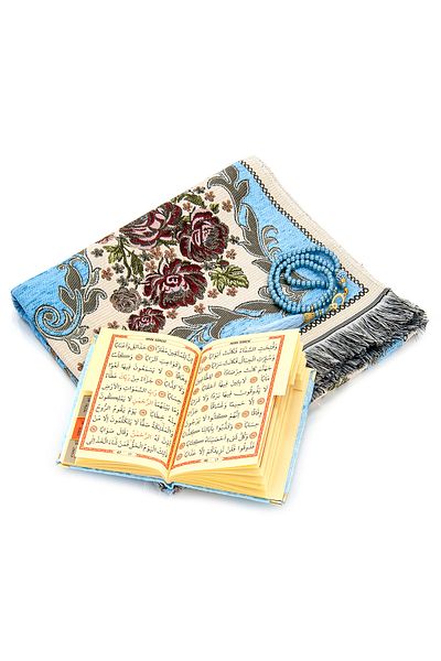 ihvanonline Luxury Prayer Rug Set with Velvet Pouch Blue Color