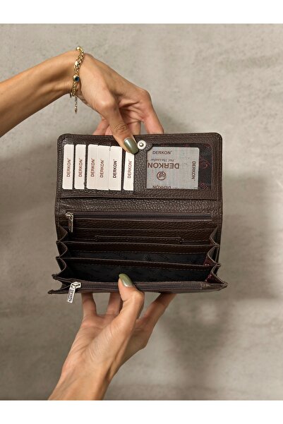 DERKON Καφέ Γυναικείο Πορτοφόλι με Πολλά Μάτια Γνήσιο Δέρμα