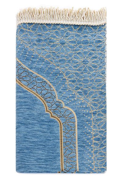 ihvanonline Mihrab Patterned Lined Chenille Prayer Rug - Blue