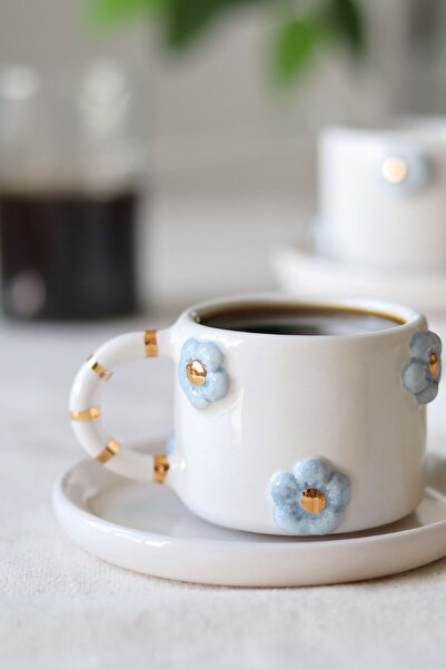 ada mia seramik El Yapmı 2'li Çiçek 24k Altın Dekorlu Seramik Fincan Takımı 120ml