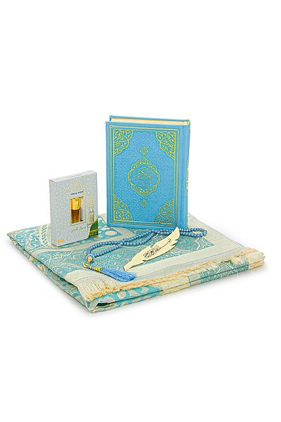 ihvanonline French Mealli Medina Line Quran and Prayer Rug Set Blue