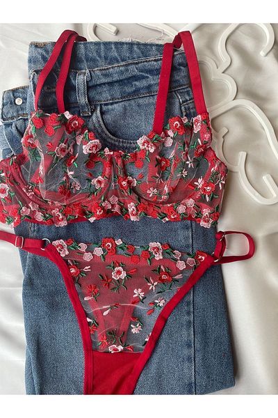 Thrill Bra Rodnatt Red Floral Patterned Fancy Bralet and Underwire Panty Set
