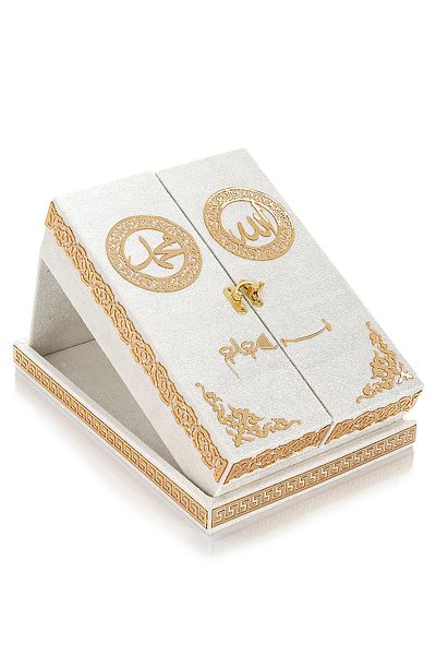 ihvanonline Table Top Double Covered Velvet Covered Quran Set with Storage - White