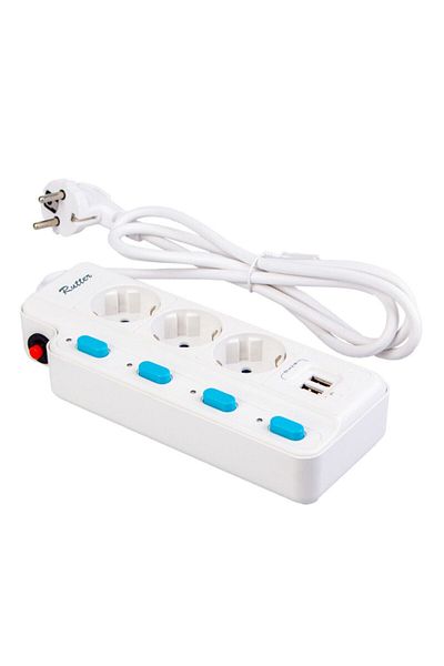 RUTTER Current Protected 3-Plug Socket Double USB 5 Switch 1.5m Fra-105u