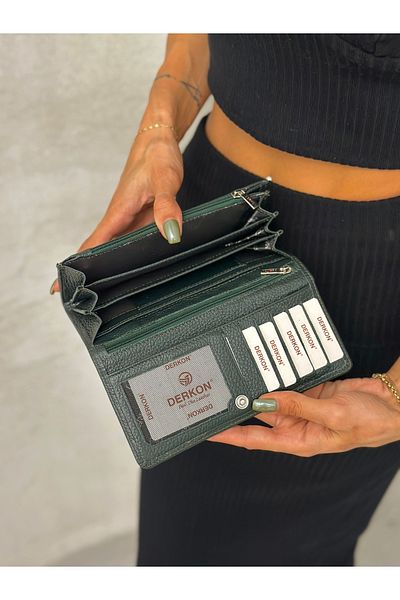 DERKON Green Genuine Leather Women's Wallet with Plenty of Eyelets