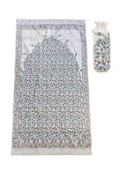 ihvanonline Tulip Embroidered Prayer Rug with Silk Texture Carrying Bag - Cream