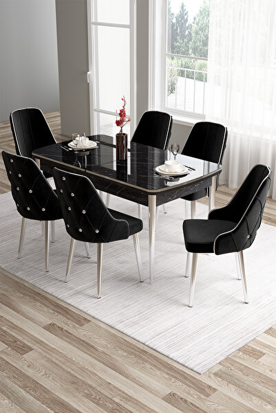 Canisa Tia Serisi 80x132 Mdf Açılabilir Siyah Mermer Desen Krom Detay Masa Ta...