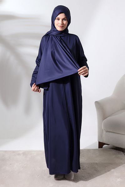 ihvanonline Γυναικείο φόρεμα προσευχής Navy Blue One Piece με φερμουάρ - Μαντίλι στο κεφάλι