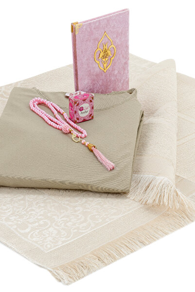 ihvan online Πρακτικό Σετ Μαντήλι Προσευχής Μονοκόμματο και Χαλί Προσευχής Ροζ