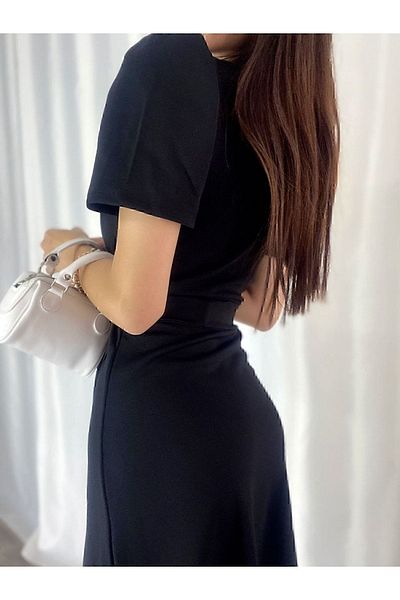 MODAKOKOSH Double Breasted Collar Princess Sleeve Flounced Belted Evening Dress Wedding Engagement Graduation Dress