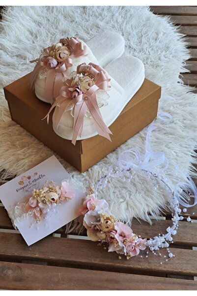 çiğdem kaya design Papuci de maternitate cu flori roz somon, coroană și bentiță pentru bebeluși (set de maternitate pentru gravidă)