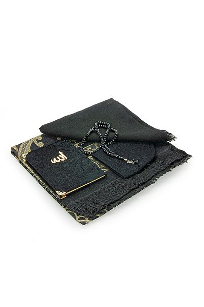 ihvanonline Boxed Covered Velvet Yasin Book with Rosary Dowry Prayer Mat Set Black