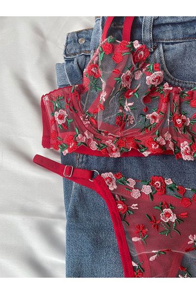 Thrill Bra Rodnatt Red Floral Patterned Fancy Bralet and Underwire Panty Set