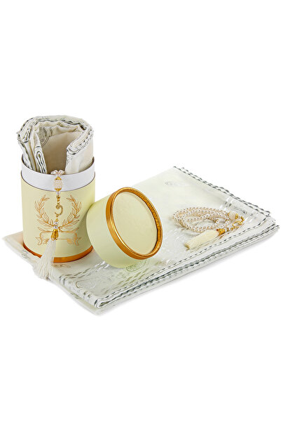İhvan Unique Mother's Special Cylinder Boxed Set - Pearl Prayer Beads - Gilded Cut Fiber Mevlid Covered - Cream R