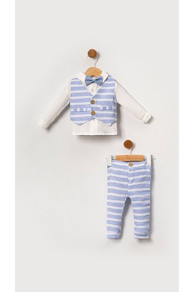 Bubito Blue 4-Piece Muslin Bow Tie Vest Set for Baby Boy and Child