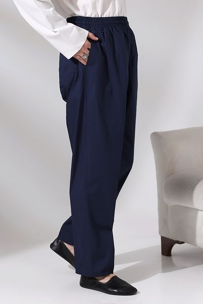ihvanonline Men's Navy Blue Çınar Relaxed Cut Elastic Waist Hajj and Umrah Linen Shalwar Trousers