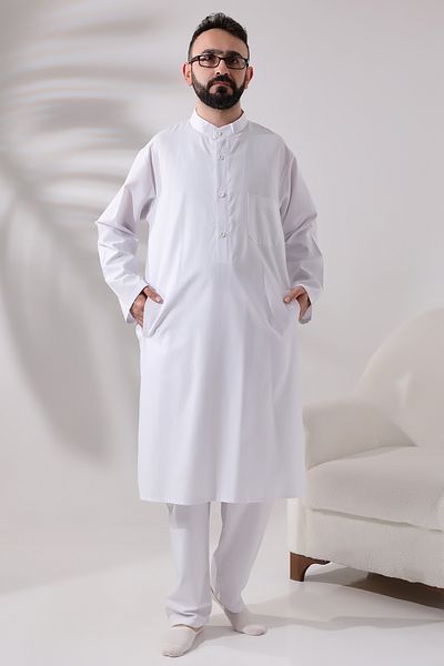 ihvanonline Men's Hajj and Umrah Suit Double Bottom Top Afghan Suit White