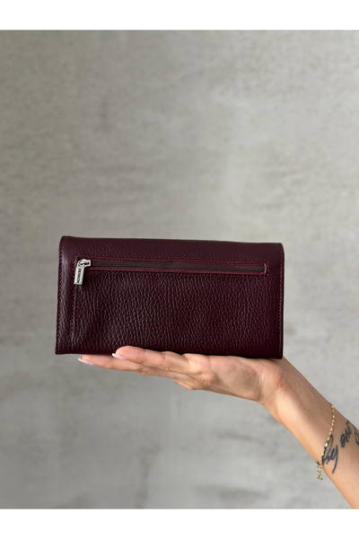 DERKON Portofel de dama din piele naturala rosie Claret - cu o multime de compartimente