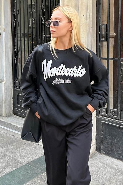 Swist Schwarzes Damen-Sweatshirt mit Montecarlo-Print und Baumwolle innen