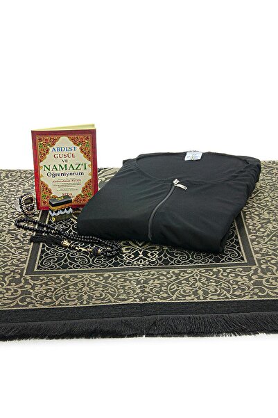 ihvan online Siyah Kadın Pratik Başörtülü Fermuarlı Tek Parça Namaz Elbisesi Seccade Seti