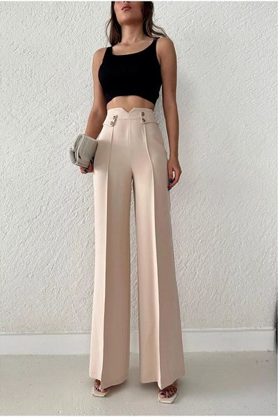H&A İSTANBUL Women's High Waist Palazzo Button Detail Slim Fit Calip Trousers