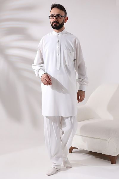 ihvanonline Мъжки афганистански костюм от вискоза - Berat Hajj и Umrah Outfit, Екрю