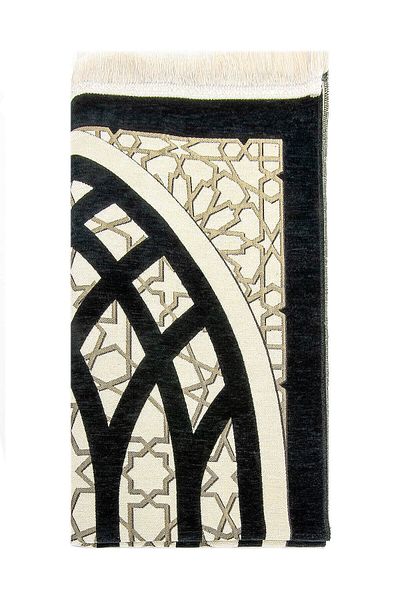 ihvanonline Star Patterned Chenille Prayer Rug - Black