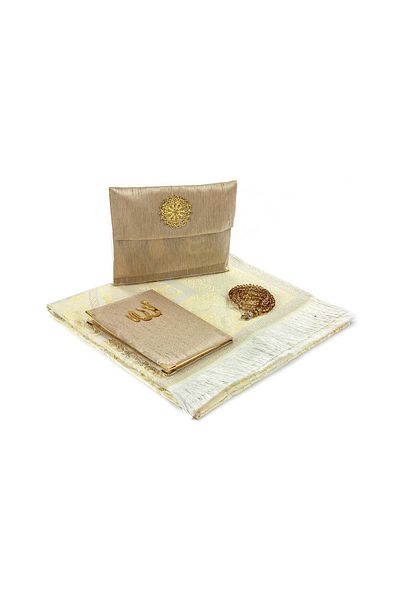 İhvan Prayer Rug Set Slub Covered Yasin Prayer Rug Rosary Cream Color