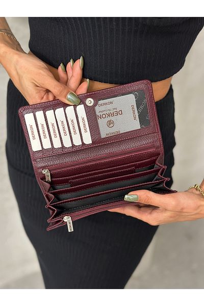 DERKON Burgundy Genuine Leather Women's Wallet - with Plenty of Compartments