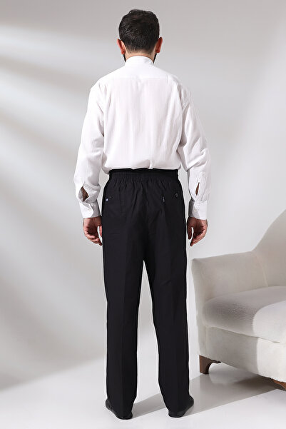 ihvan online Men's Black Çınar Relaxed Cut Elastic Waist Hajj and Umrah Linen Shalwar Trousers